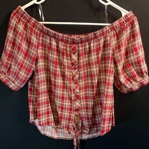 Polly & Esther Red Plaid Off Shoulder Tie Front Peasant Top Size Medium